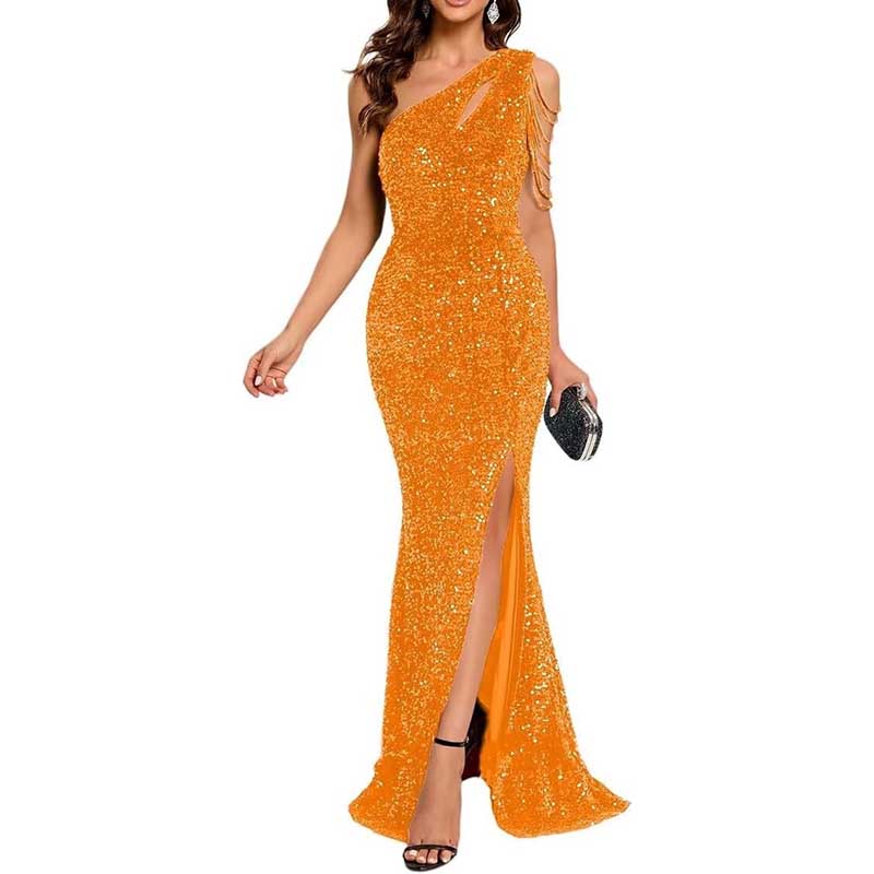 Sexy One Shoulder Sequin Prom Gown High Slit, Custom Tailored & Bodycon Fit