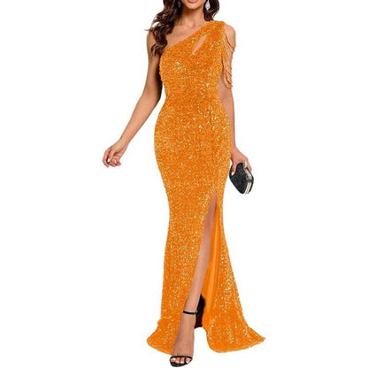 Sexy One Shoulder Sequin Prom Gown High Slit, Custom Tailored & Bodycon Fit