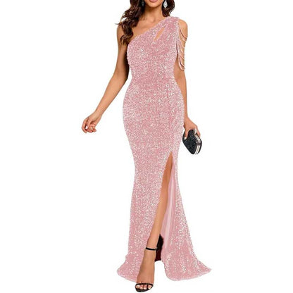 Sexy One Shoulder Sequin Prom Gown High Slit, Custom Tailored & Bodycon Fit