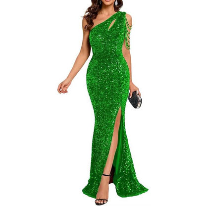 Sexy One Shoulder Sequin Prom Gown High Slit, Custom Tailored & Bodycon Fit