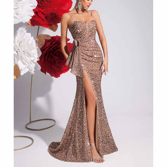 Champagne Sequin Mermaid Evening Dress – Spaghetti Strap Formal Gown