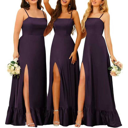 Spaghetti Straps Satin Bridesmaid Dresses High Slit Formal Aline Prom Dresses