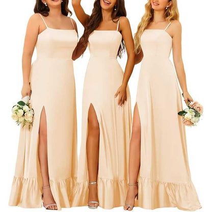 Spaghetti Straps Satin Bridesmaid Dresses High Slit Formal Aline Prom Dresses