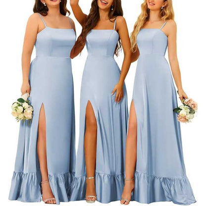 Spaghetti Straps Satin Bridesmaid Dresses High Slit Formal Aline Prom Dresses