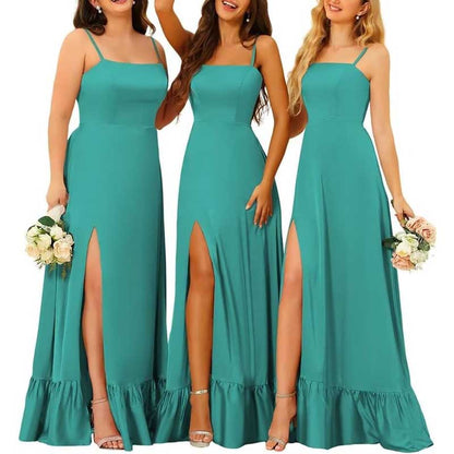 Spaghetti Straps Satin Bridesmaid Dresses High Slit Formal Aline Prom Dresses