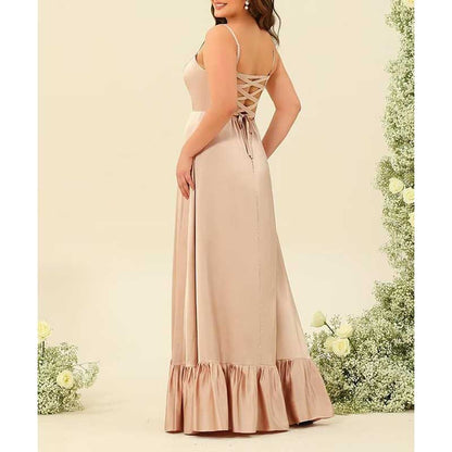 Spaghetti Straps Satin Bridesmaid Dresses High Slit Formal Aline Prom Dresses