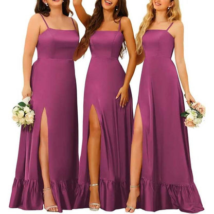 Spaghetti Straps Satin Bridesmaid Dresses High Slit Formal Aline Prom Dresses