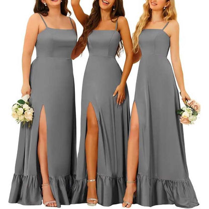 Spaghetti Straps Satin Bridesmaid Dresses High Slit Formal Aline Prom Dresses