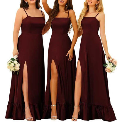 Spaghetti Straps Satin Bridesmaid Dresses High Slit Formal Aline Prom Dresses
