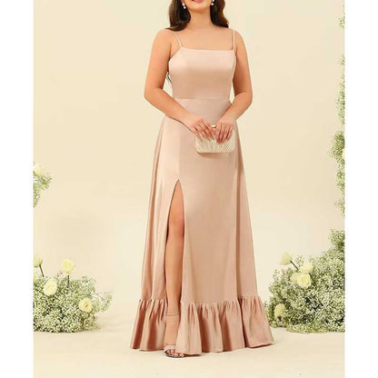 Spaghetti Straps Satin Bridesmaid Dresses High Slit Formal Aline Prom Dresses