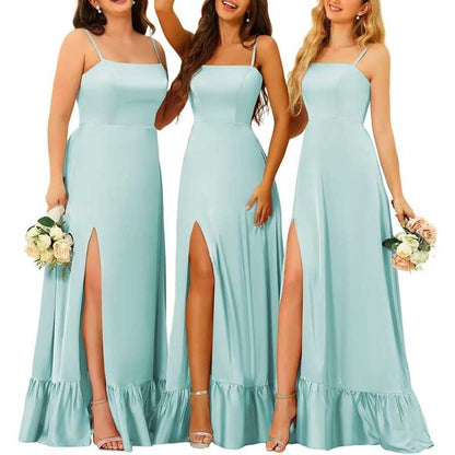 Spaghetti Straps Satin Bridesmaid Dresses High Slit Formal Aline Prom Dresses