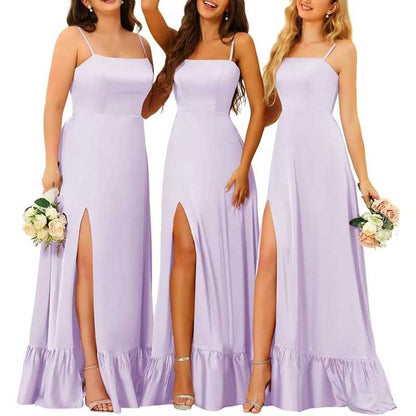 Spaghetti Straps Satin Bridesmaid Dresses High Slit Formal Aline Prom Dresses