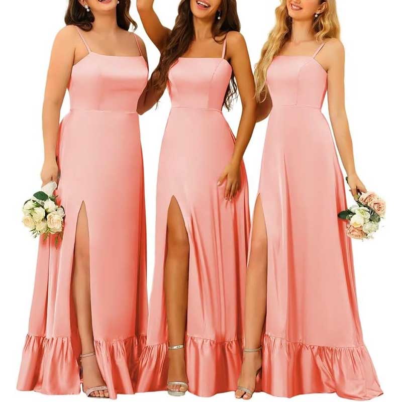 Spaghetti Straps Satin Bridesmaid Dresses High Slit Formal Aline Prom Dresses