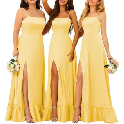 Spaghetti Straps Satin Bridesmaid Dresses High Slit Formal Aline Prom Dresses