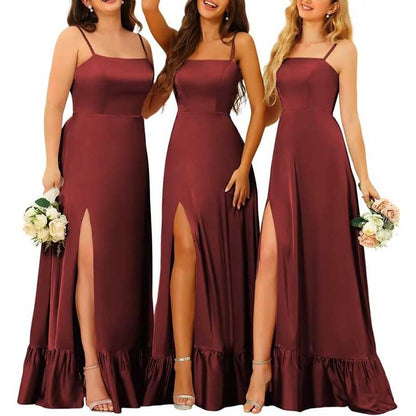 Spaghetti Straps Satin Bridesmaid Dresses High Slit Formal Aline Prom Dresses