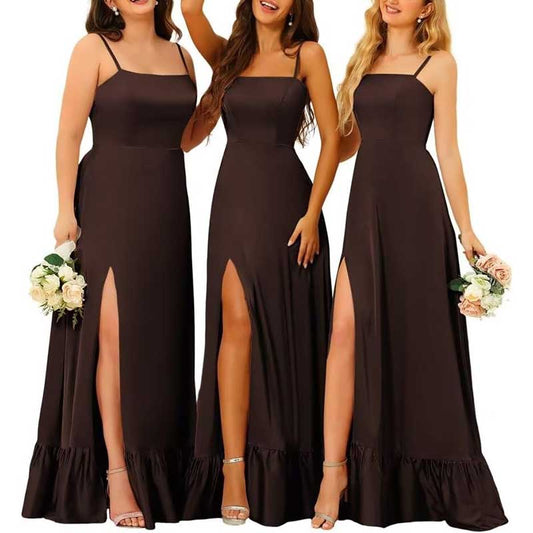 Spaghetti Straps Satin Bridesmaid Dresses High Slit Formal Aline Prom Dresses