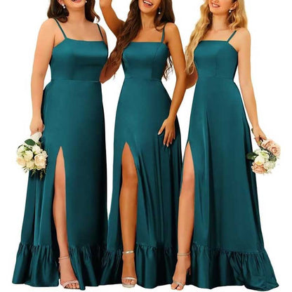 Spaghetti Straps Satin Bridesmaid Dresses High Slit Formal Aline Prom Dresses