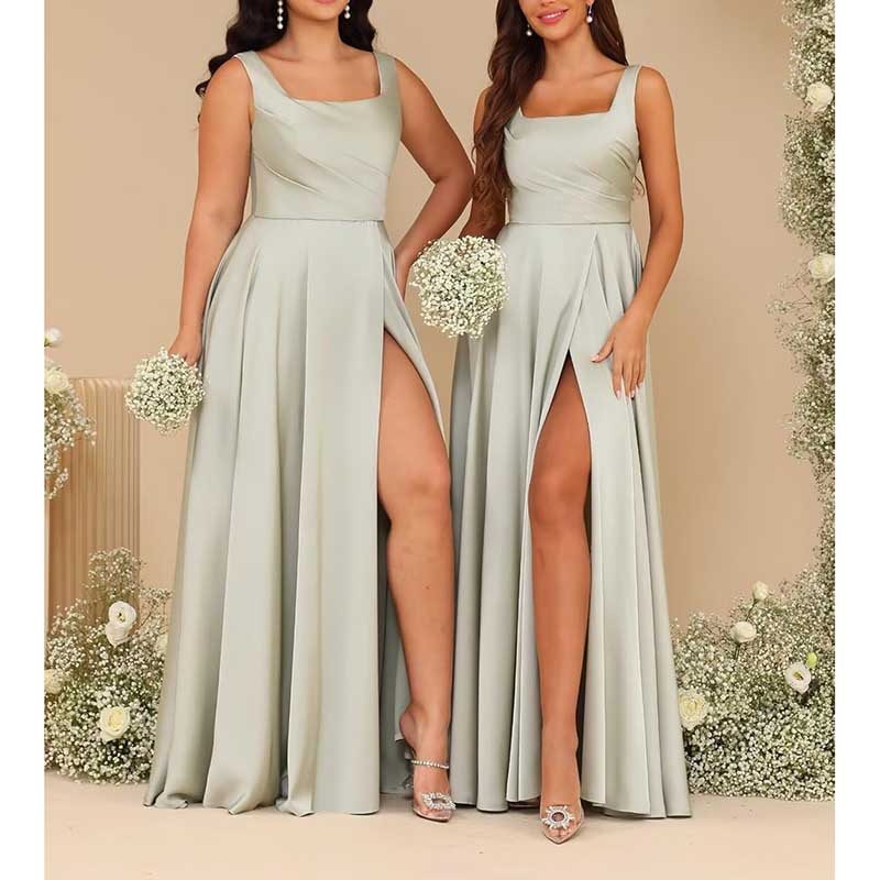 Spaghetti Straps Satin Bridesmaid Dresses Long A-line Wedding Ball Gowns