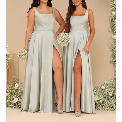 Spaghetti Straps Satin Bridesmaid Dresses Long A-line Wedding Ball Gowns