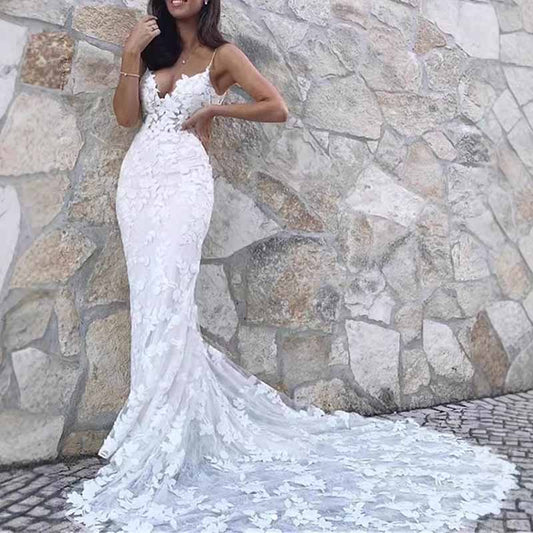 Spaghetti Straps Wedding Dress Backless Mermaid Appliques Bridal Dress