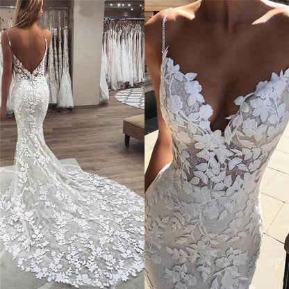 Spaghetti Straps Wedding Dress Backless Mermaid Appliques Bridal Dress