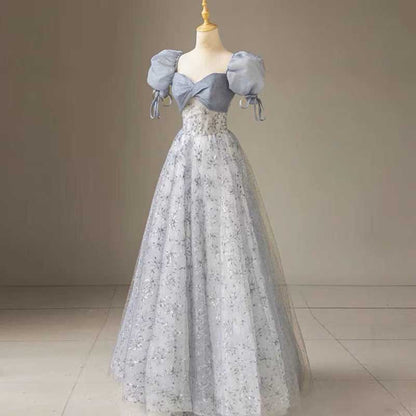 Dusty Blue Tulle Prom Dress Sparkly Formal Event Dress