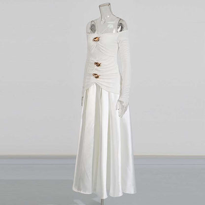 Strapless Off-Shoulder A-Line long-sleeved Dress Pin-tucked Maxi Dress