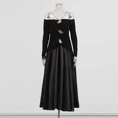 Strapless Off-Shoulder A-Line long-sleeved Dress Pin-tucked Maxi Dress