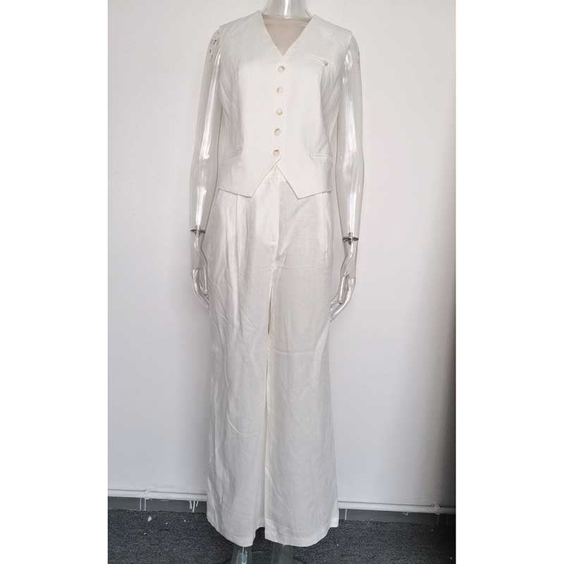 Women's White & Apricot Vest Pantsuit Set | For Office & Events