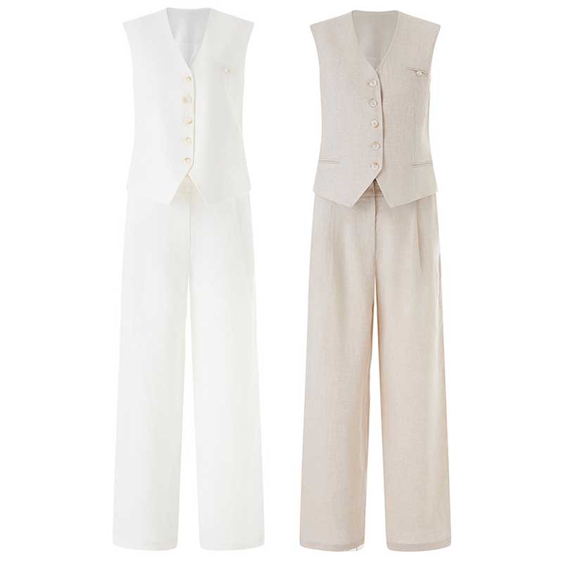 Women's White & Apricot Vest Pantsuit Set | For Office & Events