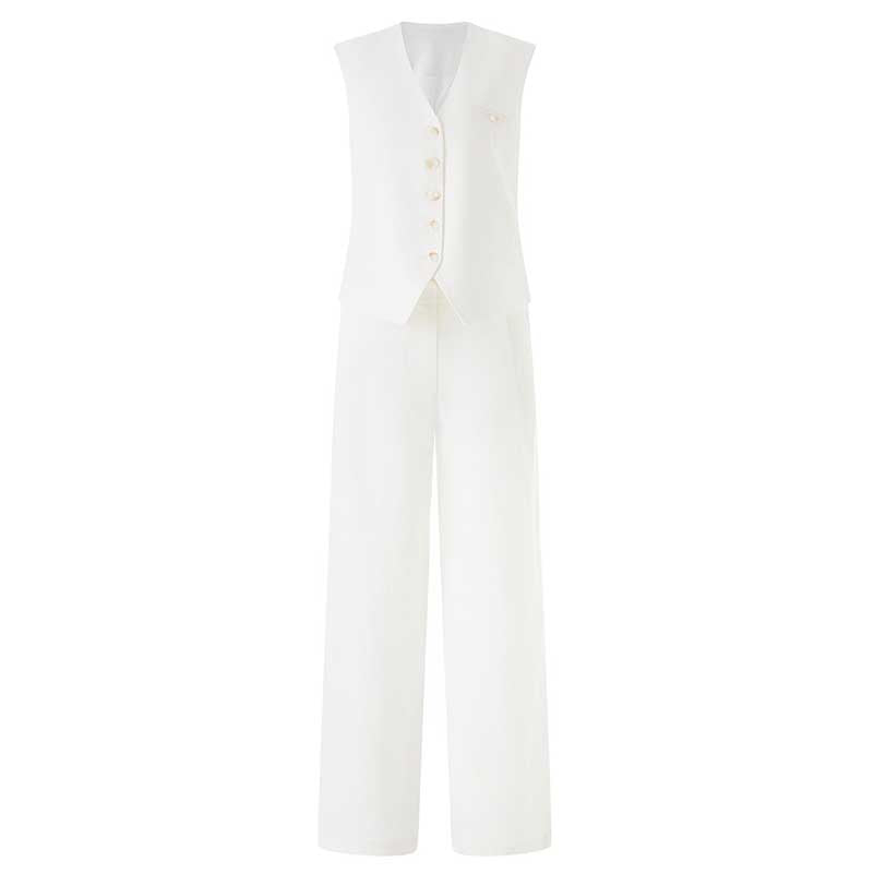 Women's White & Apricot Vest Pantsuit Set | For Office & Events