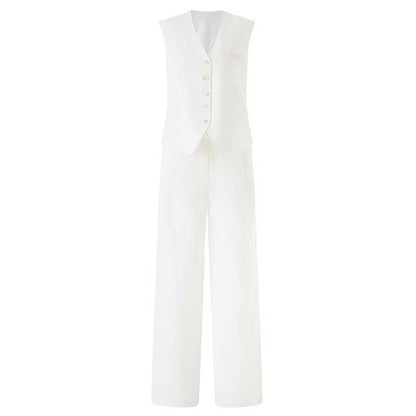 Women's White & Apricot Vest Pantsuit Set | For Office & Events