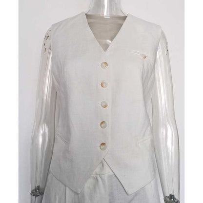 Women's White & Apricot Vest Pantsuit Set | For Office & Events
