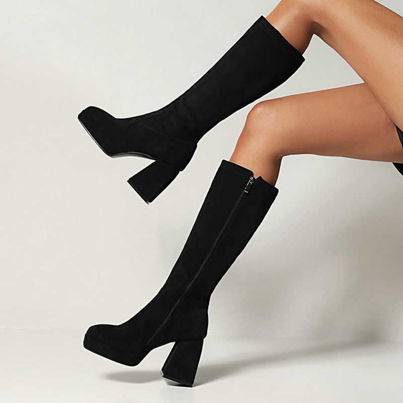 Women's Knee-Length Suede Boots | Chunky Heel & Timeless Style