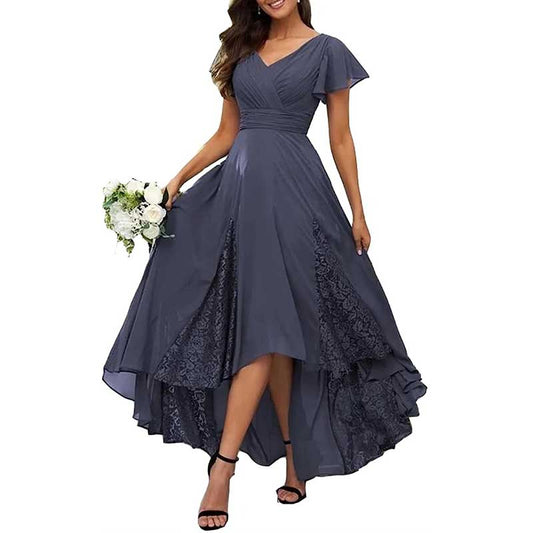 V-Neck Long Bridesmaid Dress Chiffon, Lace & Customizable Colors