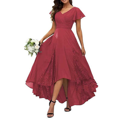 V-Neck Long Bridesmaid Dress Chiffon, Lace & Customizable Colors