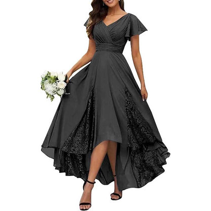 V-Neck Long Bridesmaid Dress Chiffon, Lace & Customizable Colors