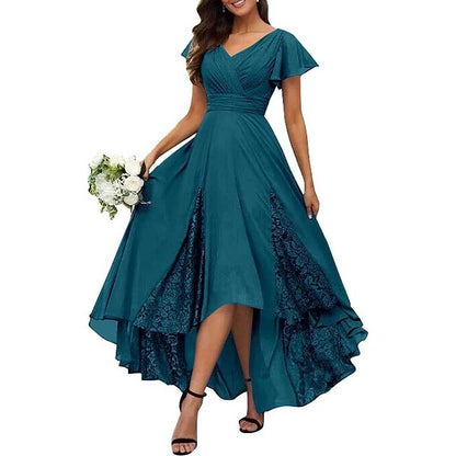 V-Neck Long Bridesmaid Dress Chiffon, Lace & Customizable Colors