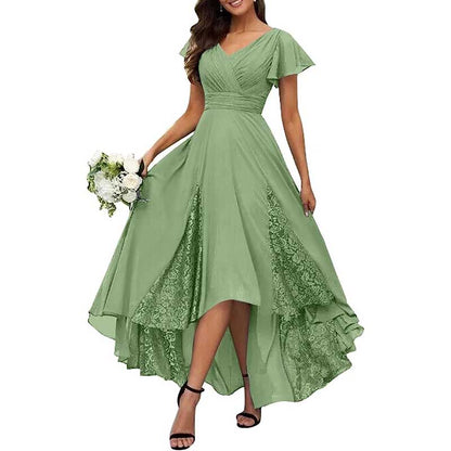 V-Neck Long Bridesmaid Dress Chiffon, Lace & Customizable Colors