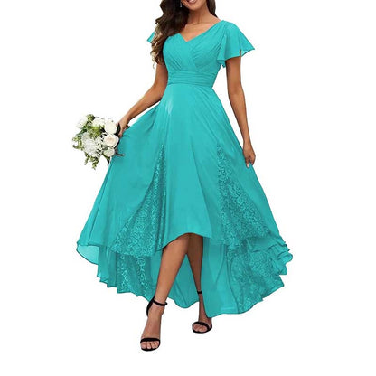 V-Neck Long Bridesmaid Dress Chiffon, Lace & Customizable Colors
