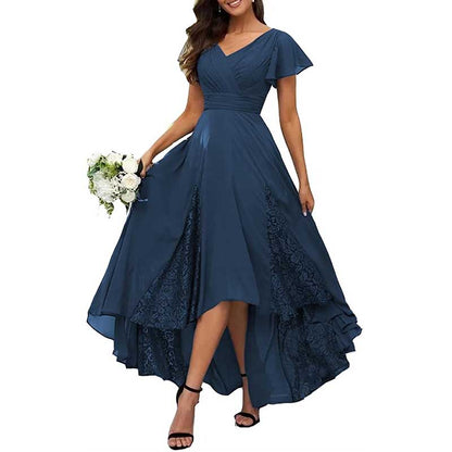 V-Neck Long Bridesmaid Dress Chiffon, Lace & Customizable Colors
