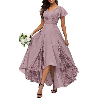 V-Neck Long Bridesmaid Dress Chiffon, Lace & Customizable Colors