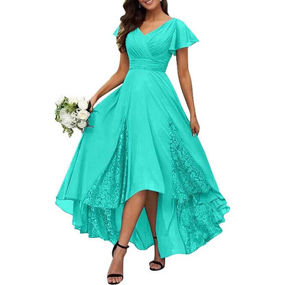 V-Neck Long Bridesmaid Dress Chiffon, Lace & Customizable Colors