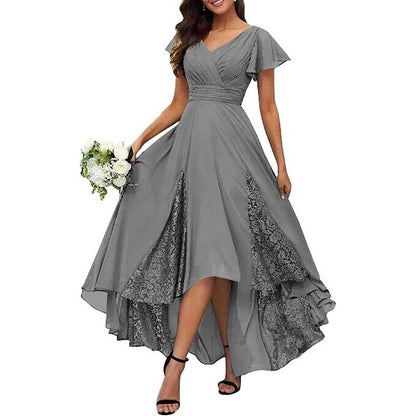 V-Neck Long Bridesmaid Dress Chiffon, Lace & Customizable Colors