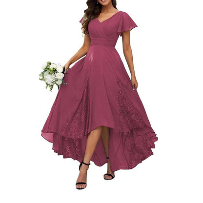 V-Neck Long Bridesmaid Dress Chiffon, Lace & Customizable Colors