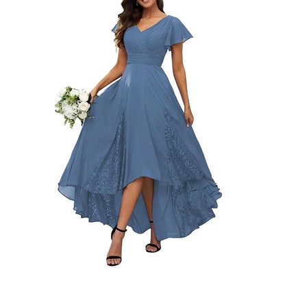 V-Neck Long Bridesmaid Dress Chiffon, Lace & Customizable Colors