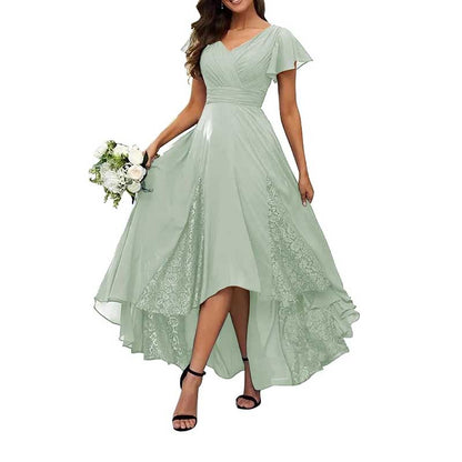 V-Neck Long Bridesmaid Dress Chiffon, Lace & Customizable Colors