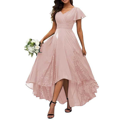 V-Neck Long Bridesmaid Dress Chiffon, Lace & Customizable Colors