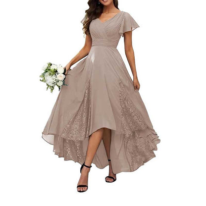 V-Neck Long Bridesmaid Dress Chiffon, Lace & Customizable Colors