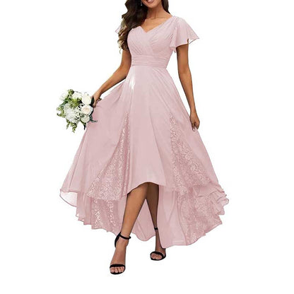 V-Neck Long Bridesmaid Dress Chiffon, Lace & Customizable Colors